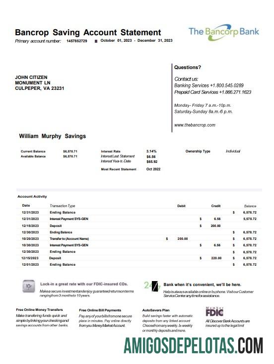 Extrato bancário do USA Bancorp em branco modelo Word e PDF